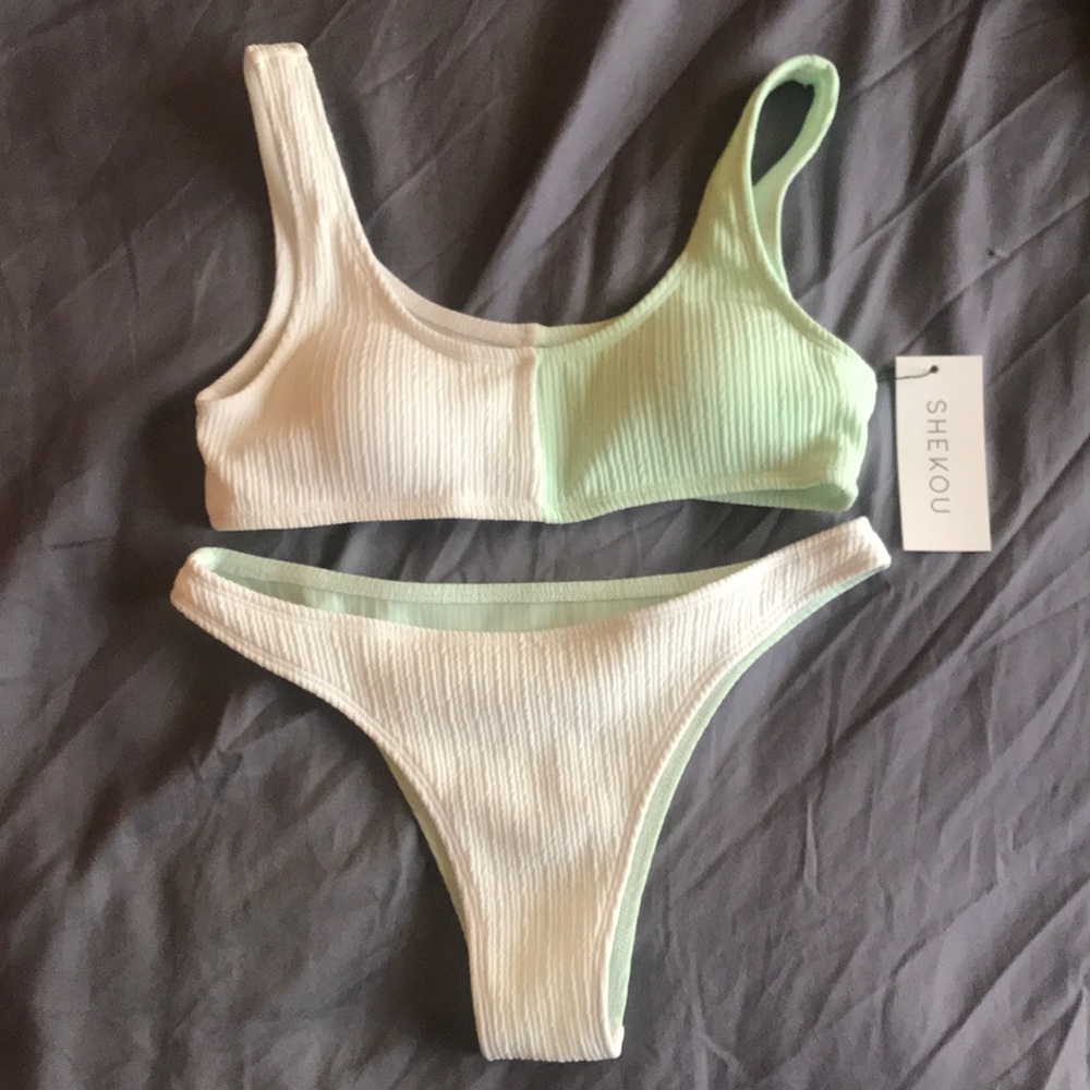 two toned white & mint green bikini top and bottom